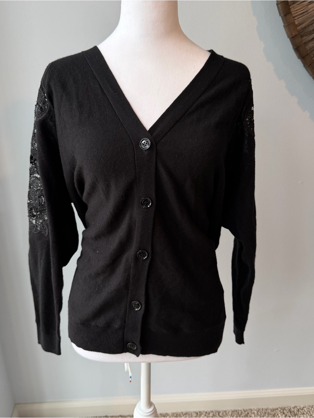 NWT Massimo Dutti Black Lace Inset V-Neck Cardigan Sweater Size Small NWT
